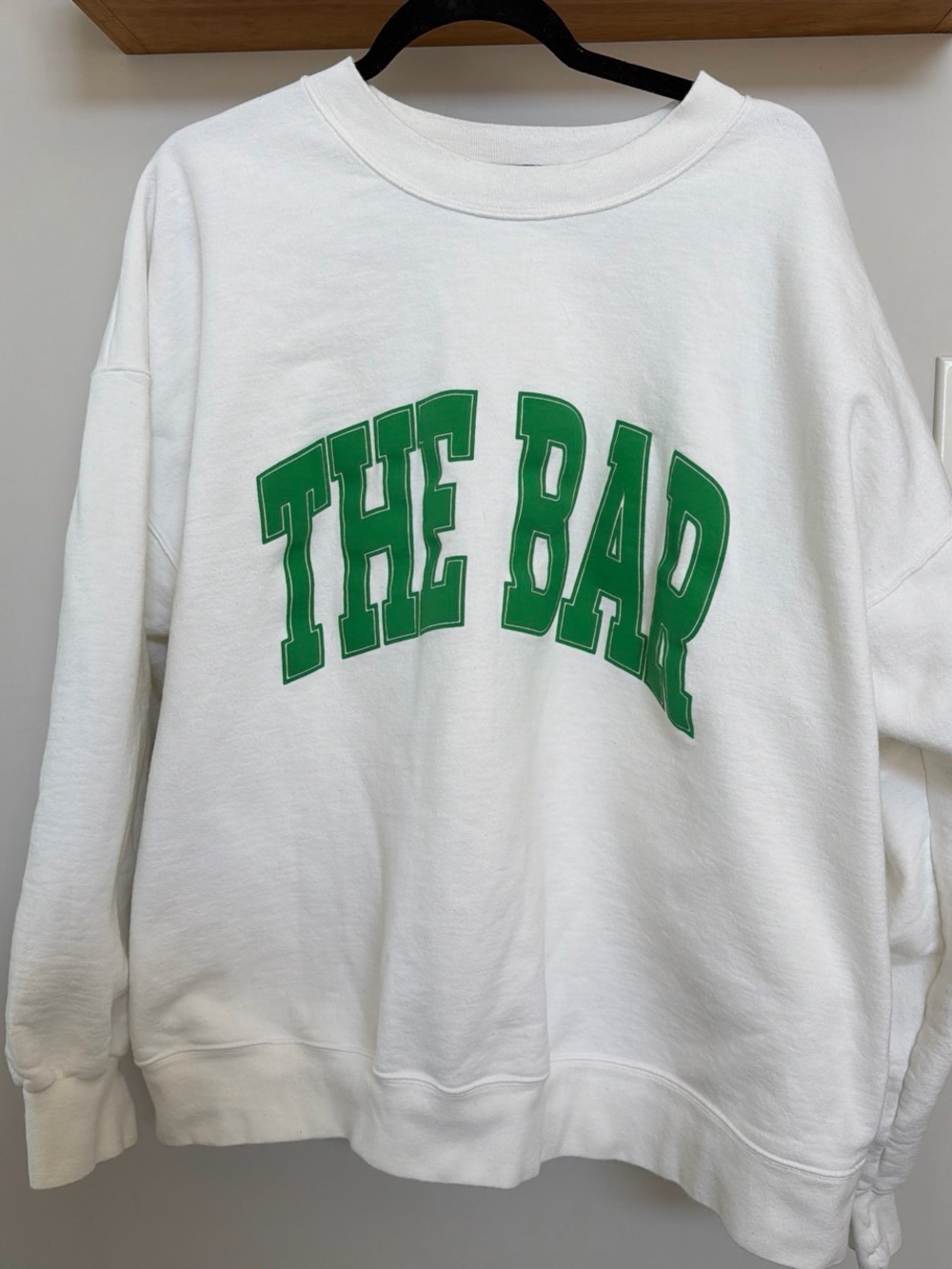 The Bar White Crewneck Sweater with Green Chest Logo